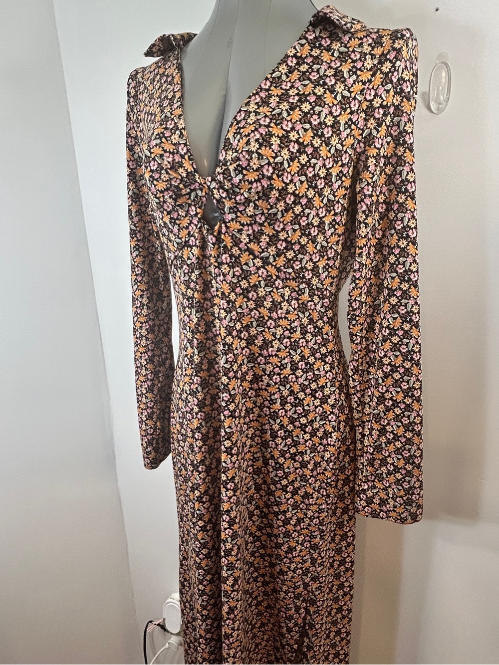 Long-Sleeve Floral V-Neck Maxi Dress - Black with Pink & Yellow Flowers